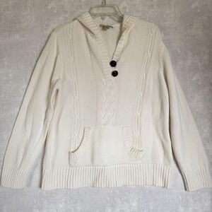 Christopher & Banks Sweater Womens XL White Hooded Cotton Cable Knit‎ Pullover